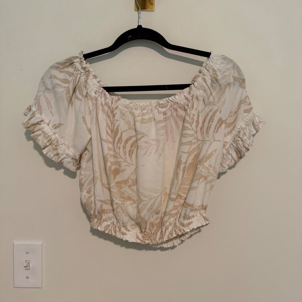 Ocean Drive Women Cream Tan Tropical Leaf Print 2 Piece Set Crop Top Pants M